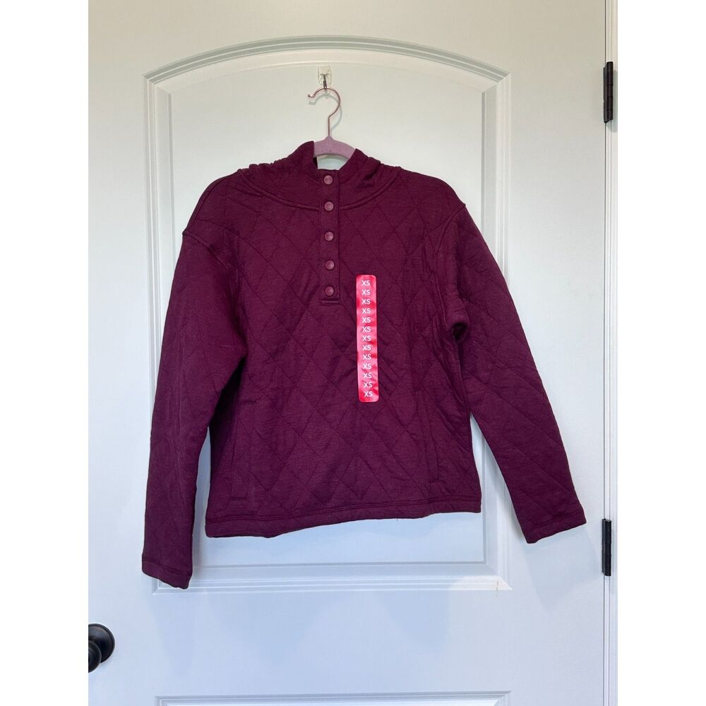 NWT Lands' End Quilted Pullover Hoodie Sweatshirt Burgundy Size XS
